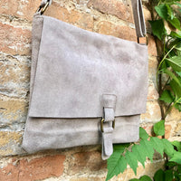 BOHO suede messenger leather bag in LIGHT GREY. Cross body bag in grey suede. Soft patent natural genuine leather bag. Festival bags.