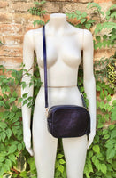 Small leather bag in PURPLE - NAVY. Crossbody / shoulder bag in genuine leather. Metallic shine leather bag. Dark blue-purple leather purse