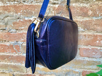 Small leather bag in PURPLE - NAVY. Crossbody / shoulder bag in genuine leather. Metallic shine leather bag. Dark blue-purple leather purse