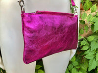 Small genuine leather bag in METALLIC hot pink. Cross body bag, shoulder bag or wristlet. Small glitter leather purse in magenta, fuchsia.