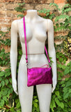 Small genuine leather bag in METALLIC hot pink. Cross body bag, shoulder bag or wristlet. Small glitter leather purse in magenta, fuchsia.