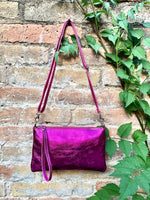 Small genuine leather bag in METALLIC hot pink. Cross body bag, shoulder bag or wristlet. Small glitter leather purse in magenta, fuchsia.