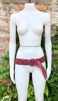 Raspberry pink suede waist belt with large round buckle. Boho soft suede wide belt.Genuine natural punch pink suede leather. Pink dress belt