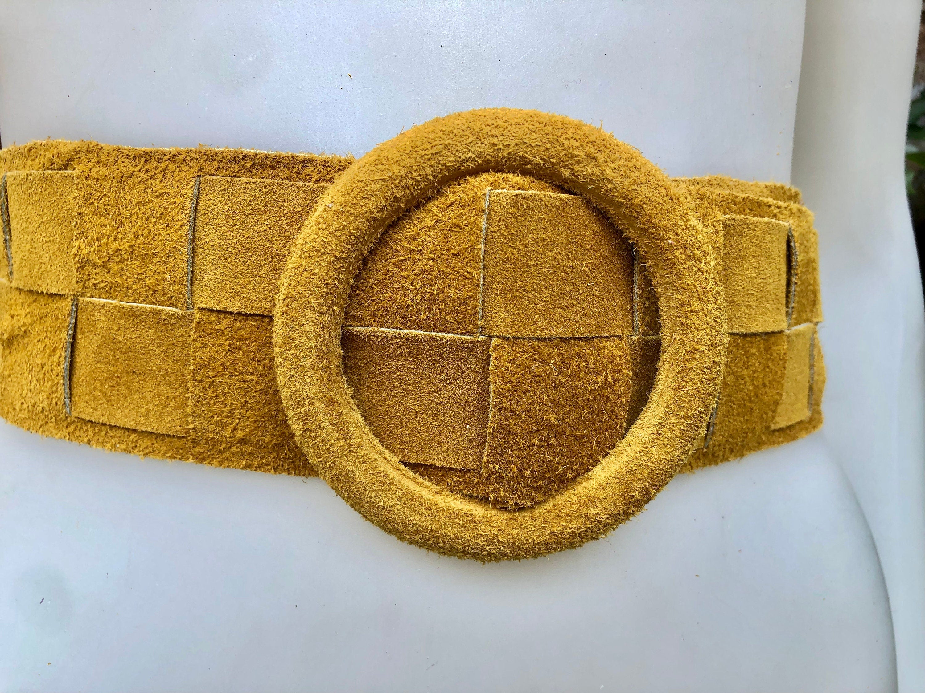 Mustard yellow suede waist belt with large round buckle. Boho soft suede wide belt.Genuine natural yellow suede leather. Yellow dress belt