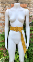 Mustard yellow suede waist belt with large round buckle. Boho soft suede wide belt.Genuine natural yellow suede leather. Yellow dress belt