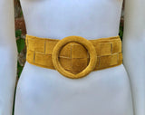 Mustard yellow suede waist belt with large round buckle. Boho soft suede wide belt.Genuine natural yellow suede leather. Yellow dress belt