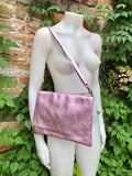 Crossbody leather bag in Metallic light PINK. Genuine soft leather. Glitter pink messenger bag. Zipper + adjustable strap. Light pink purse