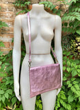 Crossbody leather bag in Metallic light PINK. Genuine soft leather. Glitter pink messenger bag. Zipper + adjustable strap. Light pink purse