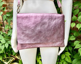 Crossbody leather bag in Metallic light PINK. Genuine soft leather. Glitter pink messenger bag. Zipper + adjustable strap. Light pink purse