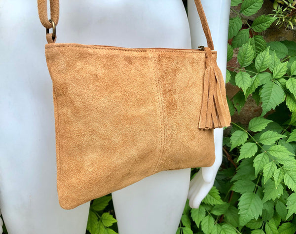 Suede leather bag in CAMEL BROWN Cross body bag, shoulder bag in GENUINE leather. Small leather bag with adjustable strap and zipper.