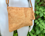 Suede leather bag in CAMEL BROWN Cross body bag, shoulder bag in GENUINE leather. Small leather bag with adjustable strap and zipper.