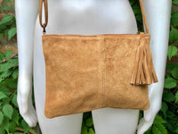 Suede leather bag in CAMEL BROWN Cross body bag, shoulder bag in GENUINE leather. Small leather bag with adjustable strap and zipper.