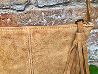 Suede leather bag in CAMEL BROWN Cross body bag, shoulder bag in GENUINE leather. Small leather bag with adjustable strap and zipper.