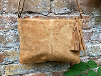 Suede leather bag in CAMEL BROWN Cross body bag, shoulder bag in GENUINE leather. Small leather bag with adjustable strap and zipper.