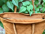 Large TOTE leather bag in camel brown. Soft natural genuine suede leather shopper bag. Book or laptop shoulder bag in light brown leather