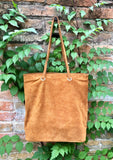 Large TOTE leather bag in camel brown. Soft natural genuine suede leather shopper bag. Book or laptop shoulder bag in light brown leather