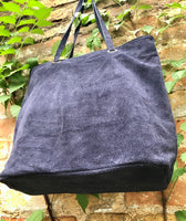 Large TOTE leather bag in navy blue. Soft natural genuine suede leather shopper bag. Dark blue book or laptop shoulder. Navy suede purse