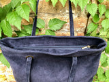 Large TOTE leather bag in navy blue. Soft natural genuine suede leather shopper bag. Dark blue book or laptop shoulder. Navy suede purse