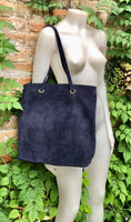 Large TOTE leather bag in navy blue. Soft natural genuine suede leather shopper bag. Dark blue book or laptop shoulder. Navy suede purse