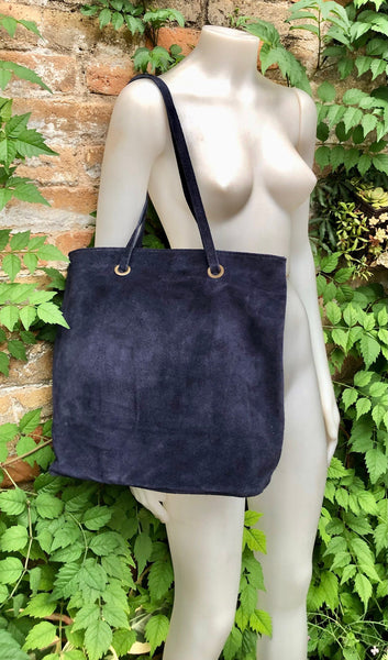 Large TOTE leather bag in navy blue. Soft natural genuine suede leather shopper bag. Dark blue book or laptop shoulder. Navy suede purse