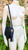 NAVY BLUE small leather bag . Cross body / shoulder bag in GENUINE leather. Dark blue leather purse. Tassel on the zipper . Gold accents