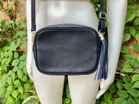 NAVY BLUE small leather bag . Cross body / shoulder bag in GENUINE leather. Dark blue leather purse. Tassel on the zipper . Gold accents