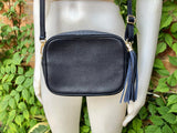 NAVY BLUE small leather bag . Cross body / shoulder bag in GENUINE leather. Dark blue leather purse. Tassel on the zipper . Gold accents