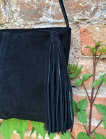 Suede leather bag in BLACK.Cross body bag, boho shoulder bag in GENUINE leather. Small leather bag, BLACK shoulder bag, small black purse.