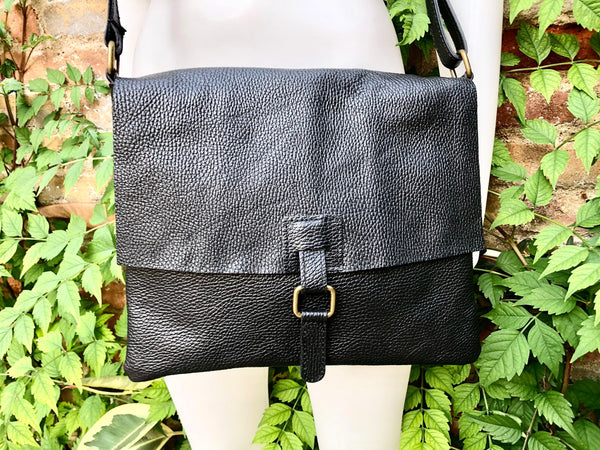 Black crossbody leather bag. Soft genuine leather bag. Black messenger. Black purse with zipper, flap and adjustable strap.