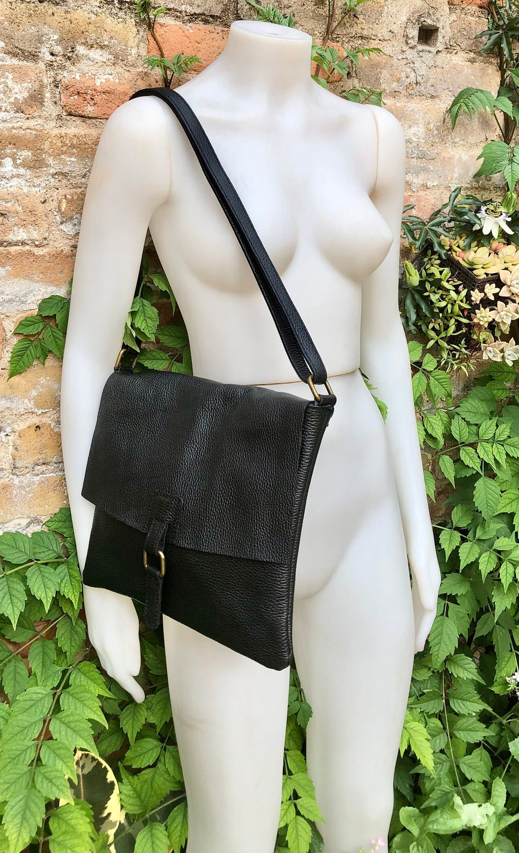 Black crossbody leather bag. Soft genuine leather bag. Black messenger. Black purse with zipper, flap and adjustable strap.