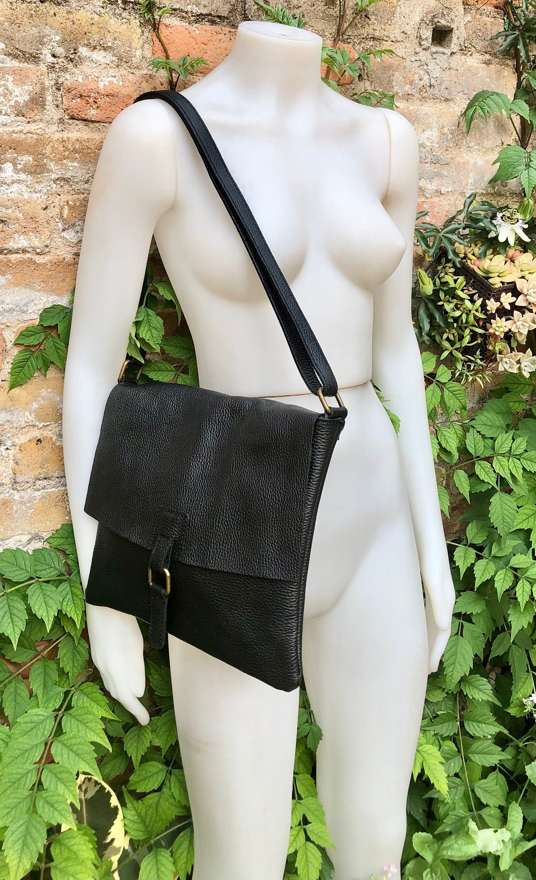 Black crossbody leather bag. Soft genuine leather bag. Black messenger. Black purse with zipper, flap and adjustable strap.
