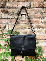 Black crossbody leather bag. Soft genuine leather bag. Black messenger. Black purse with zipper, flap and adjustable strap.