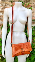 Small cross body bag in ORANGE “distressed” vintage style genuine leather. Enveloppe bag with adjustable strap and flap. Boho yellow purse