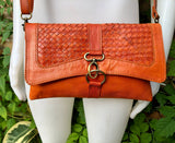 Small cross body bag in ORANGE “distressed” vintage style genuine leather. Enveloppe bag with adjustable strap and flap. Boho yellow purse