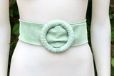 Aqua green suede waist belt. Large round buckle. Boho suede belt in seafoam, light turquoise blue-green. Mint genuine natural suede leather