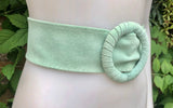 Aqua green suede waist belt. Large round buckle. Boho suede belt in seafoam, light turquoise blue-green. Mint genuine natural suede leather