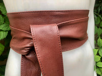 Terracotta BROWN obi belt. Wrap belt in soft genuine leather. Wraparound waist belt. Wide style. Boho dress belt in burgundy- brown leather