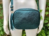 Metallic TEAL blue-green leather bag. Small cross body / shoulder bag in GENUINE leather. Teal leather purse. Adjustable strap and zipper.