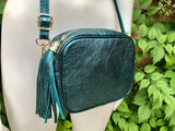 Metallic TEAL blue-green leather bag. Small cross body / shoulder bag in GENUINE leather. Teal leather purse. Adjustable strap and zipper.