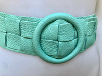 Aqua green leather waist belt with large round buckle. Seafoam boho soft genuine leather belt. Light green wide waist belt. Braided leather