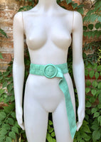 Aqua green leather waist belt with large round buckle. Seafoam boho soft genuine leather belt. Light green wide waist belt. Braided leather