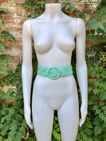 Aqua green leather waist belt with large round buckle. Seafoam boho soft genuine leather belt. Light green wide waist belt. Braided leather