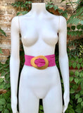 HOT PINK leather waist belt with large gold metal buckle. Soft leather belt in MAGENTA. Boho fuchsia pink genuine leather belt.