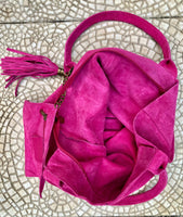 Fuchsia pink leather shopper bag in genuine suede. Slouchy pink carry all tote bag for laptops, tablets, books. Hot pink leather purse