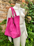 Fuchsia pink leather shopper bag in genuine suede. Slouchy pink carry all tote bag for laptops, tablets, books. Hot pink leather purse