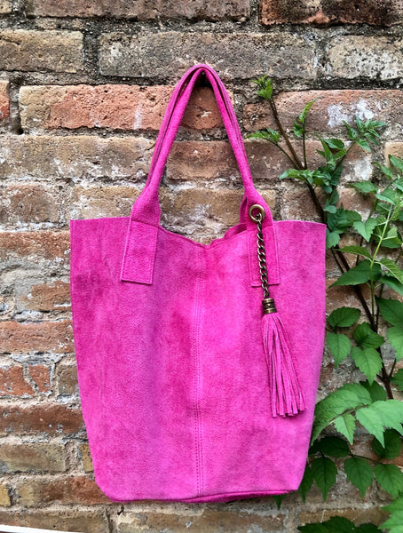 Fuchsia pink leather shopper bag in genuine suede. Slouchy pink carry all tote bag for laptops, tablets, books. Hot pink leather purse