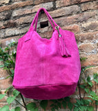 Fuchsia pink leather shopper bag in genuine suede. Slouchy pink carry all tote bag for laptops, tablets, books. Hot pink leather purse