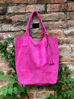 Fuchsia pink leather shopper bag in genuine suede. Slouchy pink carry all tote bag for laptops, tablets, books. Hot pink leather purse