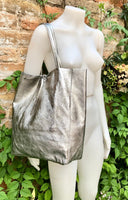 Tote leather bag in SILVER. Leather shopper in natural GENUINE leather. Large carry all bag for your laptop, books. Metallic leather shopper