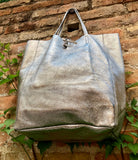 Tote leather bag in SILVER. Leather shopper in natural GENUINE leather. Large carry all bag for your laptop, books. Metallic leather shopper